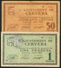 CERVERA (LERIDA). 50 Céntimos y 1 Peseta. Abril 1937. (González: 7556/57). MBC/BC.