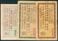 CREIXELL DE MAR (TARRAGONA). 25 Céntimos, 50 Céntimos y 1 Peseta. 10 de Mayo de 1937. (González: 7700/02). Raros. BC.