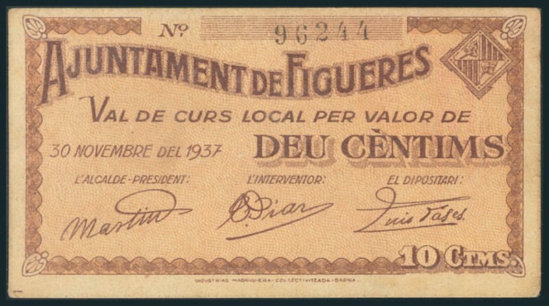 FIGUERES (GERONA). 10 Céntimos. 30 de Noviembre de 1937. (González: 7852). EBC....