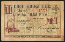 FLIX (TARRAGONA). 1 Peseta. Mayo 1937. Serie A. (González: 7883). Raro. BC.