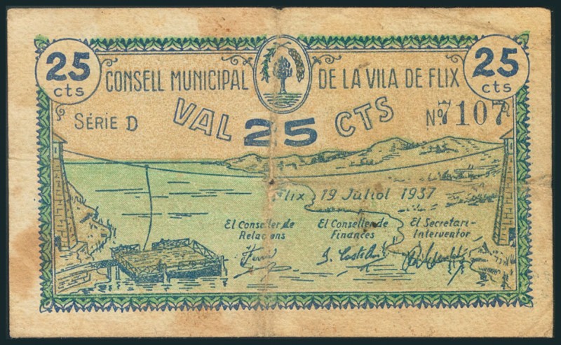 FLIX (TARRAGONA). 25 Céntimos. 19 de Junio de 1937. Serie D. (González: 7886). R...