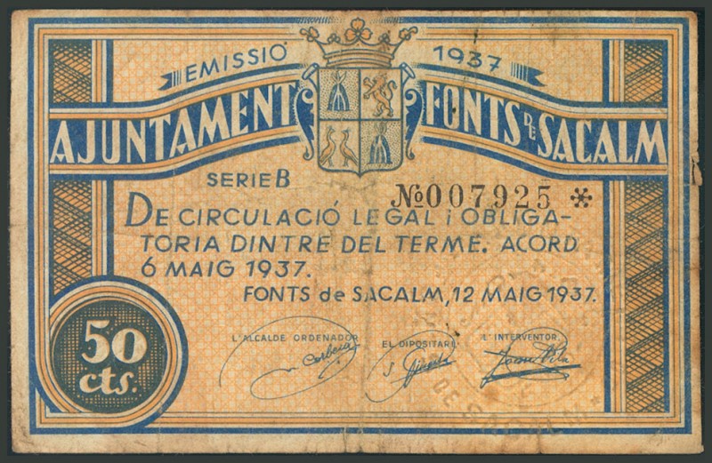 FONTS DE SACALM (GERONA). 50 Céntimos. 12 de Mayo de 1937. Serie B. (González: 7...