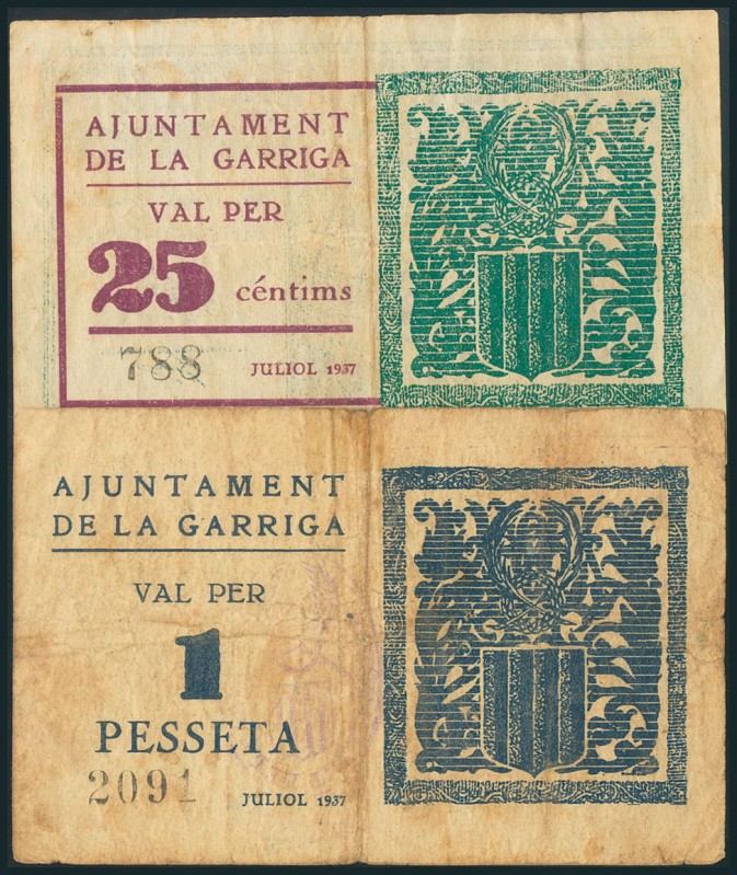 LA GARRIGA (BARCELONA). 25 Céntimos y 1 Peseta. Julio 1937. (González: 7986, 798...