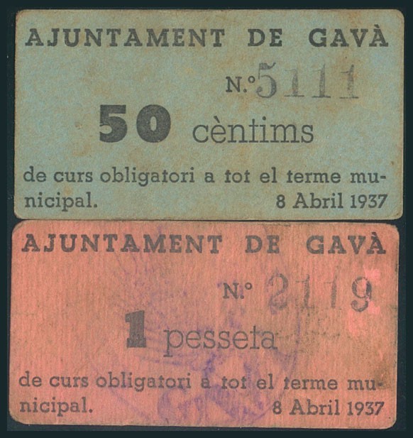 GAVA (BARCELONA). 50 Céntimos y 1 Peseta. 8 de Abril de 1937. (González: 7997/98...