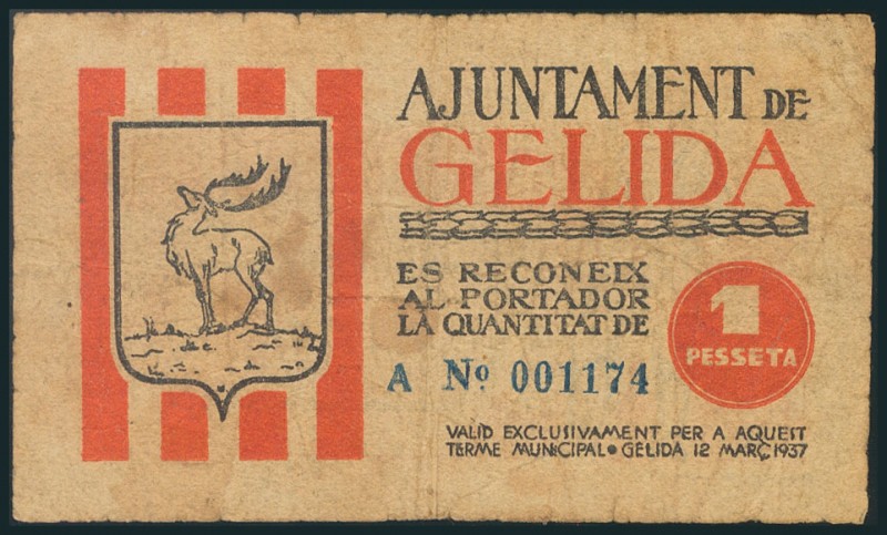 GELIDA (BARCELONA). 1 Peseta. 12 de Marzo de 1937. Serie A. (González: 8012). RC...