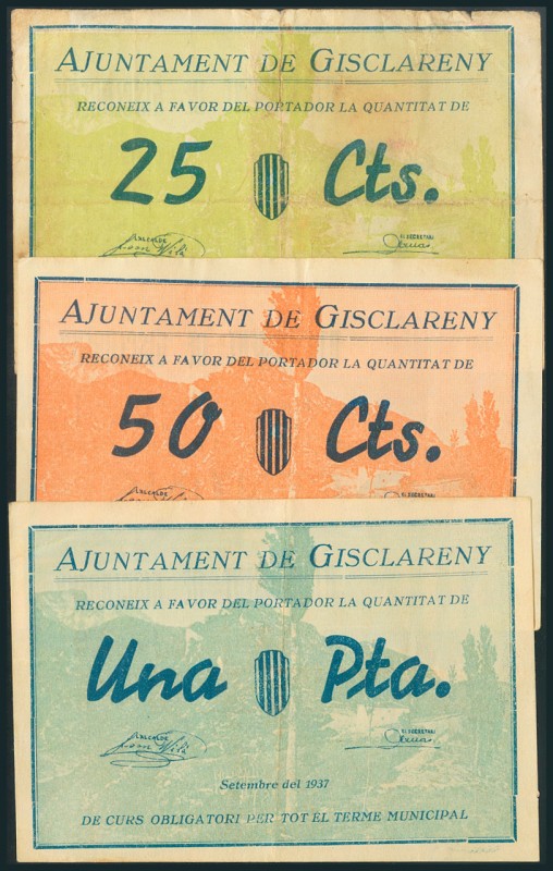 GISCLARENY (BARCELONA). 25 Céntimos, 50 Céntimos y 1 Peseta. Septiembre 1937. Se...