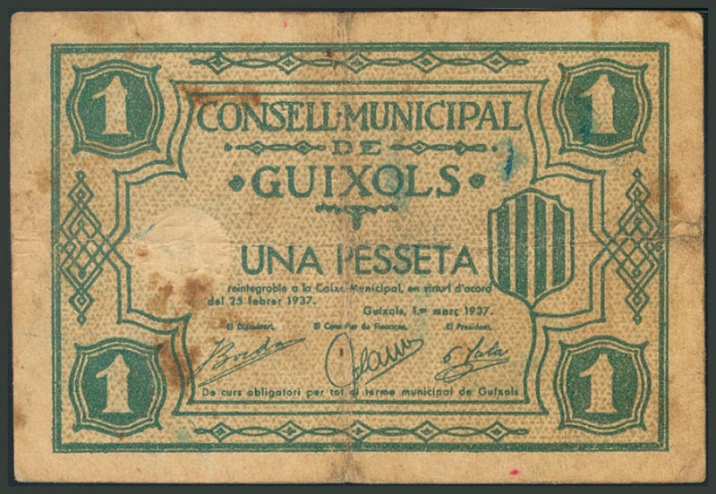 GUIXOLS (GERONA). 1 Peseta. 1 de Marzo de 1937. (González: 8182). BC.