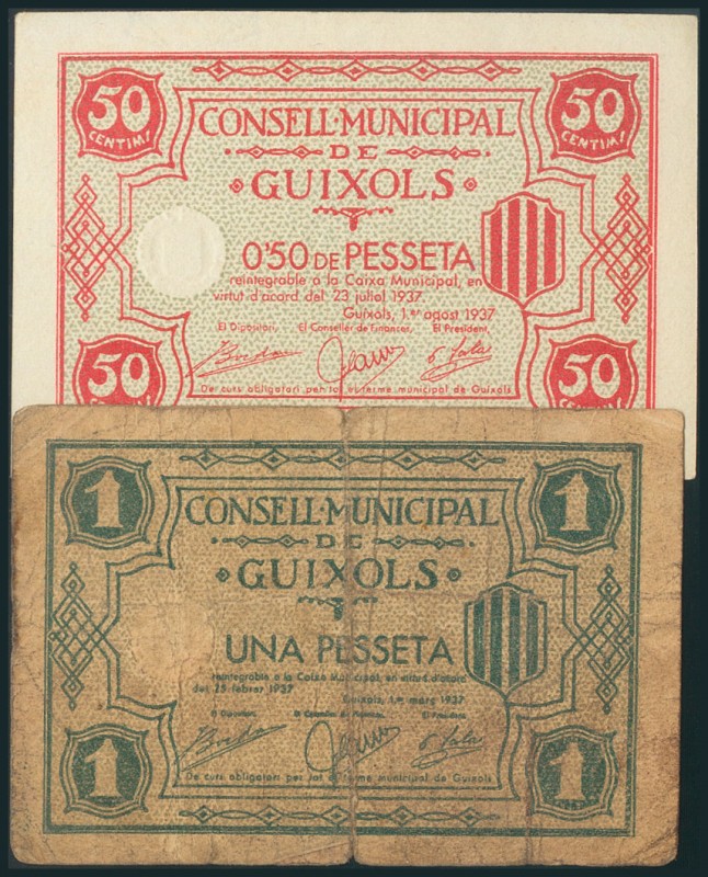 GUIXOLS (GERONA). 50 Céntimos y 1 Peseta. Emitidos el 23 de Junio de 1937 y 1 de...