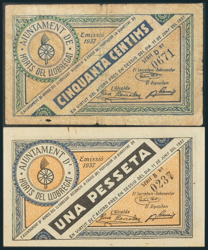 HORTS DEL LLOBREGAT (BARCELONA). 50 Céntimos y 1 Peseta. 11 de Julio de 1937. Se...