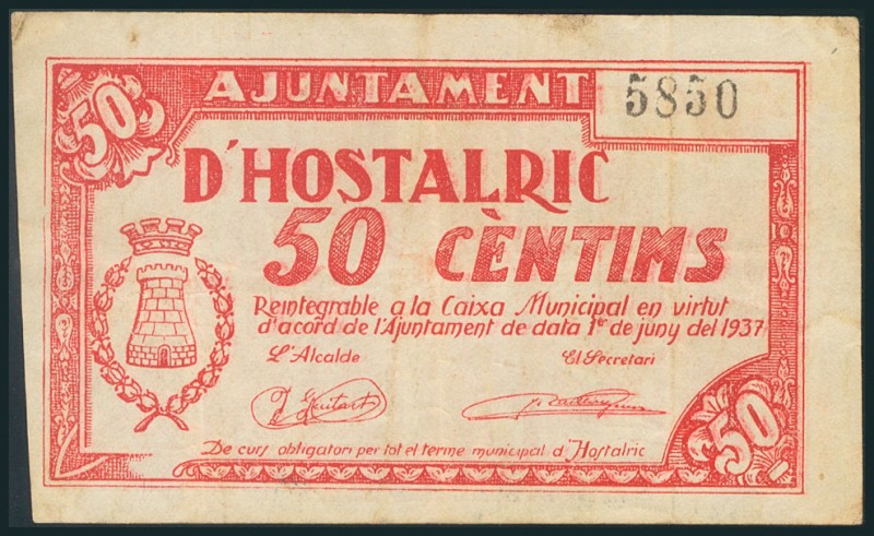 HOSTALRIC (GERONA). 50 Céntimos. Junio 1937. (González: 8232). MBC.