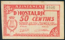 HOSTALRIC (GERONA). 50 Céntimos. Junio 1937. (González: 8232). MBC.
