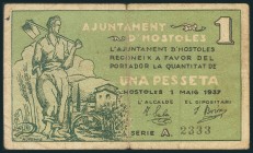 HOSTELES (GIRONA). 1 Peseta. 1 de Mayo de 1937. Serie A. (González: 8235). BC.