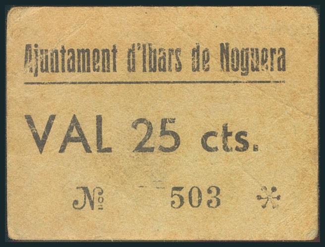 IBARS DE NOGUERA (LERIDA). 25 Céntimos. (1938ca). (González: 8240). Muy raro. MB...