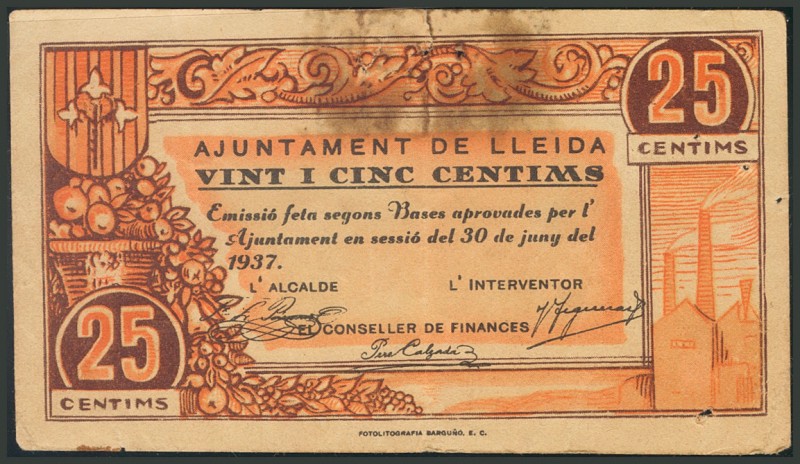 LERIDA. 25 Céntimos. 30 de Junio de 1937. (González: 8358). BC.