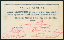 LLORENS DE MORUNYS (LERIDA). 25 Céntimos. 29 de Julio de 1937. (González: 8426). EBC.