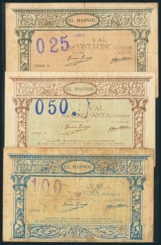 MASNOU (BARCELONA). 25 Céntimos, 50 Céntimos y 1 Peseta. (1938ca). Serie A, los ...