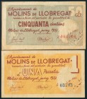 MOLINS DE LLOBREGAT (BARCELONA). 50 Céntimos y 1 Peseta. Junio 1937. Serie A, ambos. (González: 8699/00). MBC.
