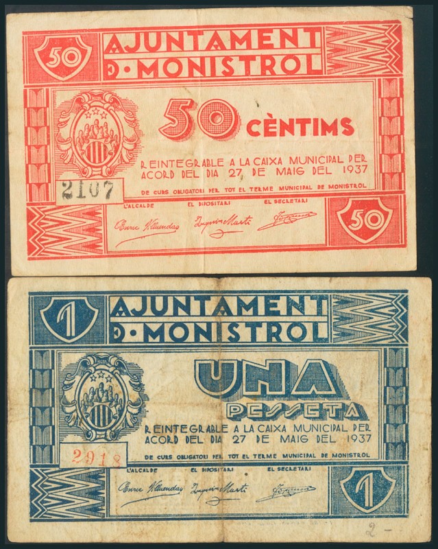 MONISTROL DE MONTSERRAT (BARCELONA). 50 Céntimos y 1 Peseta. 27 de Mayo de 1937....