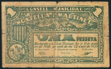 MONTELLA I MARTINET (LERIDA). 1 Peseta. 20 de Abril de 1937. (González: 8783). Raro. BC.
