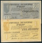 OLOT (GERONA). 50 Céntimos y 1 Peseta. 23 de Junio de 1937. Series A y B, respectivamente. (González: 8952/53). EBC.