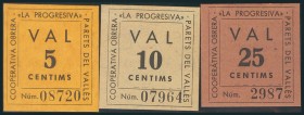 PARETS DEL VALLES (BARCELONA). 5 Céntimos, 10 Céntimos y 25 Céntimos. Agosto 1937. (González: 9155/57). Inusual conjunto. SC.