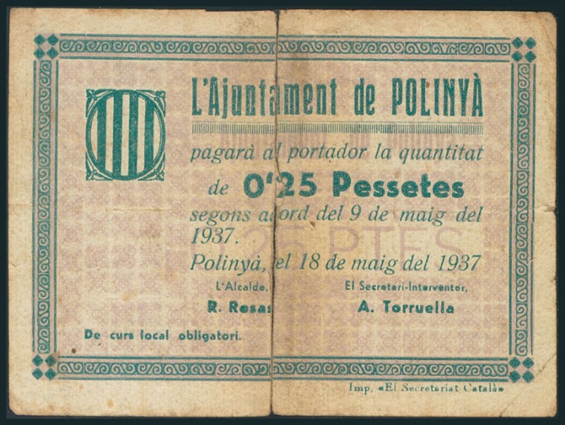 POLINYA (BARCELONA). 25 Céntimos. 18 de Mayo de 1937. (González: 9360). Raro. RC...