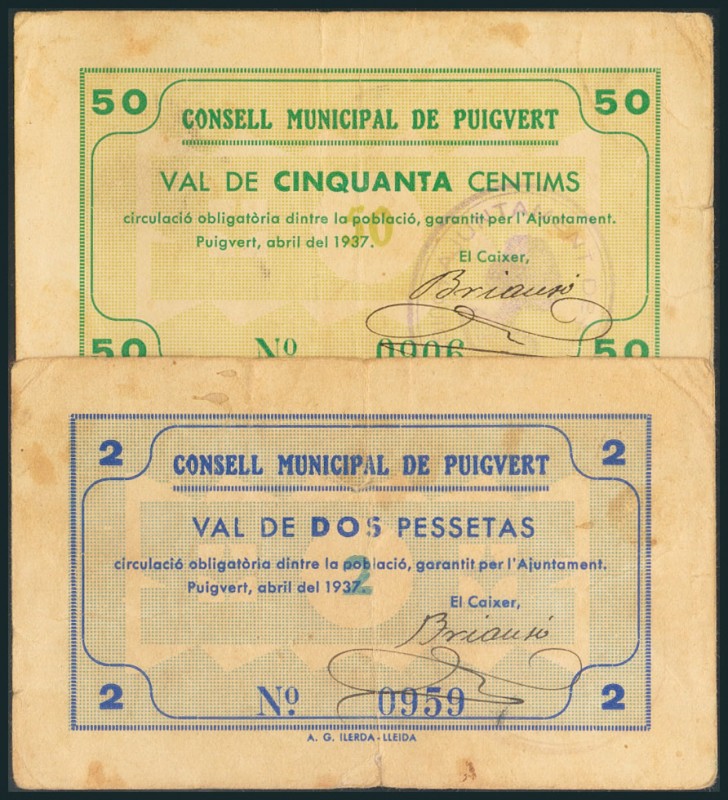 PUIGVERT (LERIDA). 50 Céntimos y 2 Pesetas. Abril 1937. (González: 9513/15). Rar...