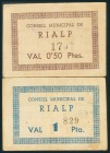 RIALP (LERIDA). 50 Céntimos y 1 Peseta. (1938ca). (González: 9595/96). Muy raros. MBC.