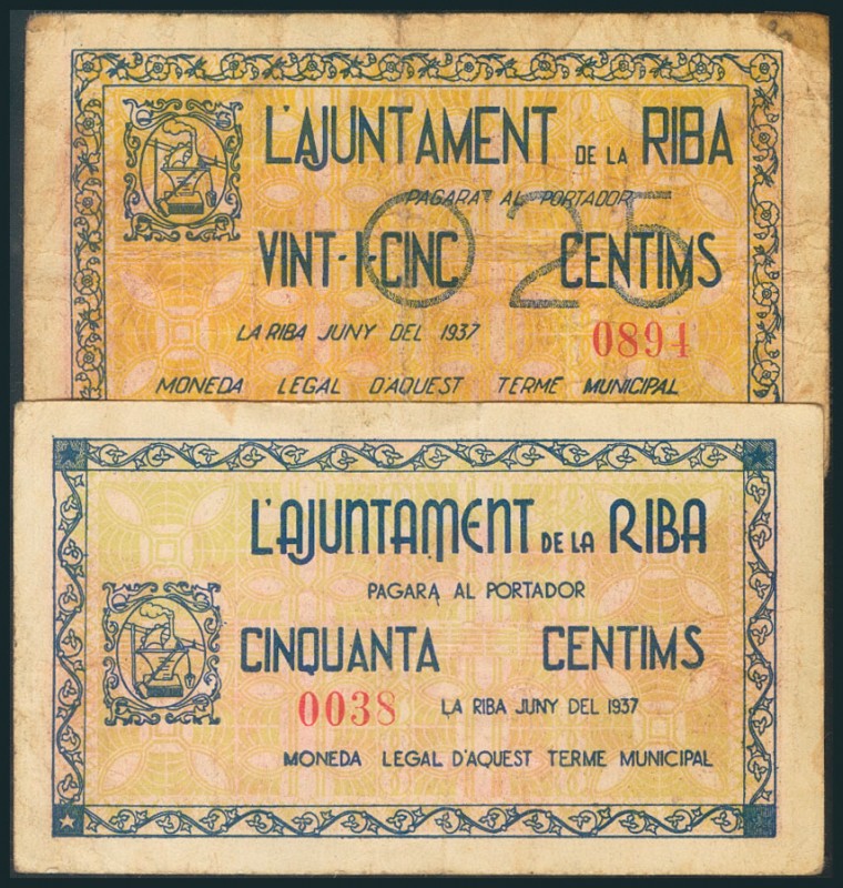 RIBA (TARRAGONA). 25 Céntimos y 50 Céntimos. Junio 1937. (González: 9600, 9601)....