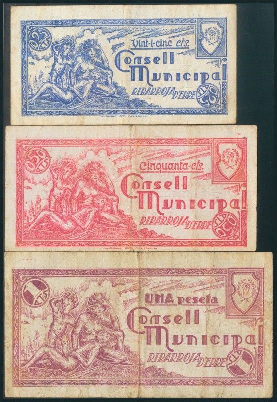 RIBARROJA D´EBRE (TARRAGONA). 25 Céntimos, 50 Céntimos y 1 Peseta. (1938ca). (Go...