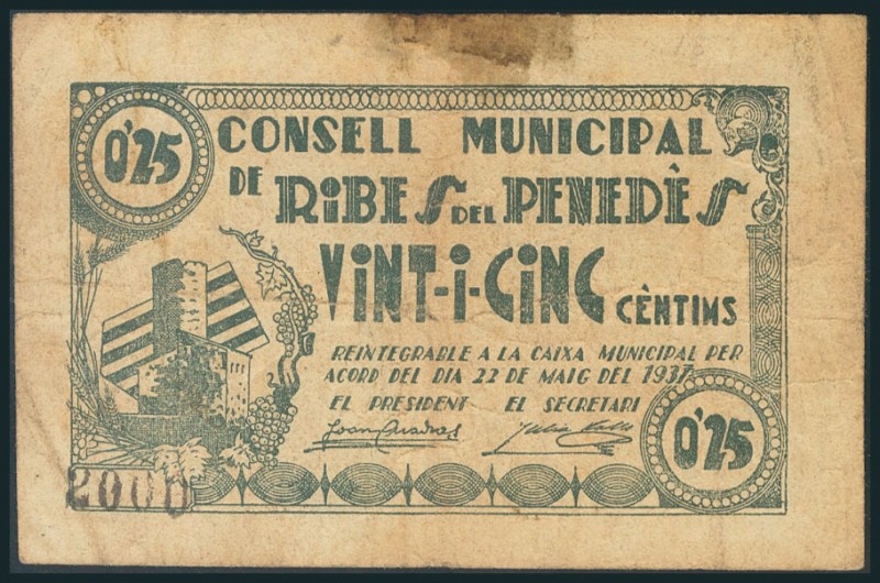 RIBES DEL PENEDES (BARCELONA). 25 Céntimos. 22 de Mayo de 1937. (González: 9625)...