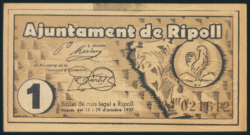 RIPOLL (GERONA). 1 Peseta. 29 de Octubre de 1937. (González: 9649). MBC.