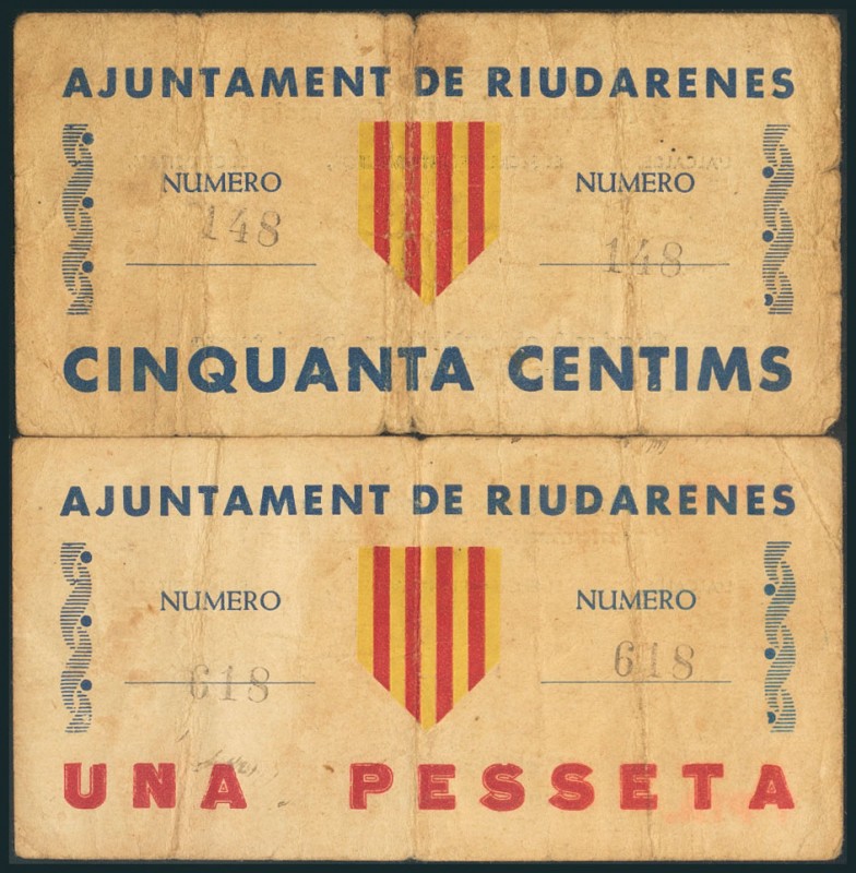 RIUDARENES (GERONA). 50 Céntimos y 1 Peseta. 16 de Mayo de 1937. (González: 9669...
