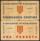 RIUDARENES (GERONA). 50 Céntimos y 1 Peseta. 16 de Mayo de 1937. (González: 9669/70). Muy raros. RC.