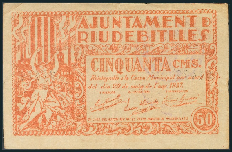 RIUDEBITLLES (BARCELONA). 50 Céntimos. 29 de Mayo de 1937. (González: 9676). Rar...