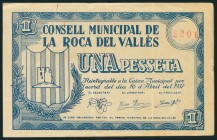 ROCA DEL VALLES (BARCELONA). 1 Peseta. 16 de Mayo de 1937. Sin sello estampado. (González: 9702). MBC.