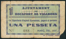 ROCAFORT DE VALLBONA (LERIDA). 1 Peseta. Marzo 1937. (González: 9708). Muy raro. RC.