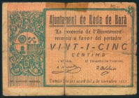 RODA DE BARA (TARRAGONA). 25 Céntimos. 4 de Noviembre de 1937. (González: 9717). RC.