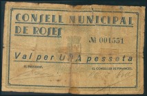 ROSES (GERONA). 1 Peseta. (1938ca). Numeración capicúa. (González: 9746). Raro. RC.