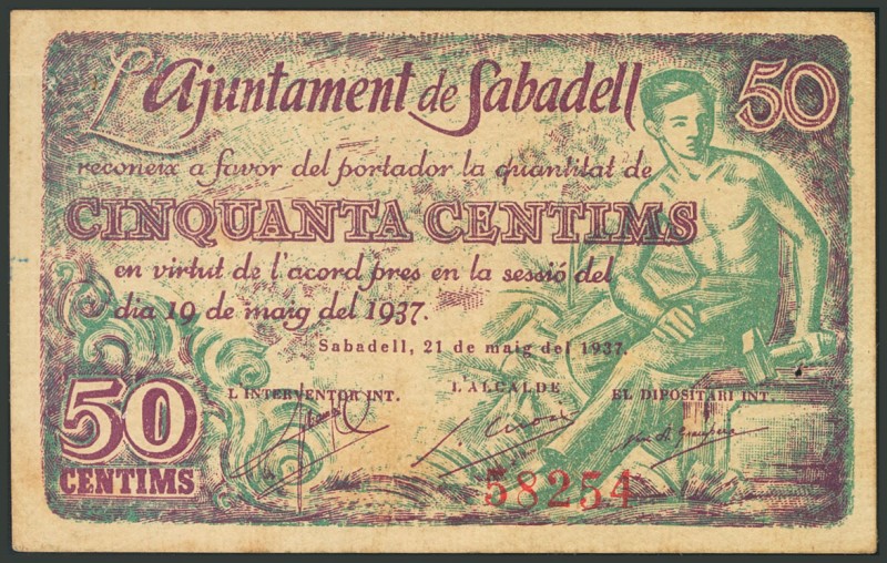 SABADELL (BARCELONA). 50 Céntimos. 19 de Mayo de 1937. (González: 9776). RC.