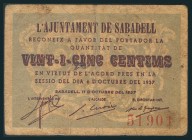 SABADELL (BARCELONA). 25 Céntimos. 11 de Octubre de 1937. (González: 9778). RC.