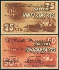 SALLENT (BARCELONA). 25 Céntimos y 50 Céntimos. Mayo 1937. Serie A, ambos. (González: 9821, 9822). BC.