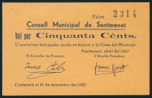 SENTMENAT (BARCELONA). 50 Céntimos. Abril 1937. (González: 9949). Raro. SC-.