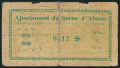 SERRA D´ALMOS (TARRAGONA). 25 Céntimos. Agosto 1937. Serie C. (González: 9955). Raro. RC.