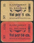 SOLERAS (LERIDA). 5 Céntimos y 50 Céntimos. (1938ca). (González: 10022, 10024). El de 50 cts es inusual. MBC+.