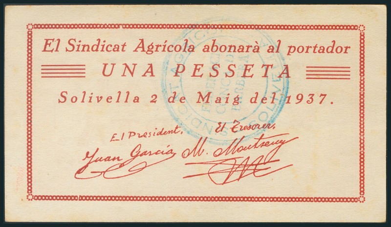 SOLIVELLA (TARRAGONA). 1 Peseta. 2 de Mayo de 1937. (González: 10027). EBC.