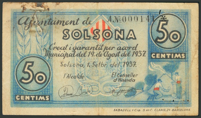 SOLSONA (LERIDA). 50 Céntimos. 19 de Marzo de 1937. Serie A. (González: 10037). ...