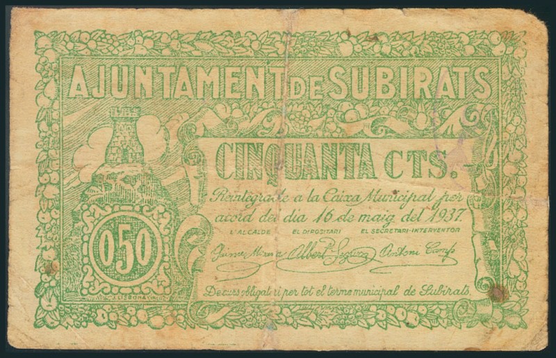 SUBIRATS (BARCELONA). 50 Céntimos. 16 de Mayo de 1937. (González: 10056). Raro. ...