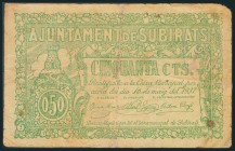 SUBIRATS (BARCELONA). 50 Céntimos. 16 de Mayo de 1937. (González: 10056). Raro. RC.