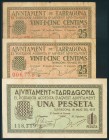 TARRAGONA. 25 Céntimos (2) y 1 Peseta. 18 de Mayo de 1937. Series B (2), en los de 25 cts y A en el 1 pts. (González: 10085/86). EBC/BC.